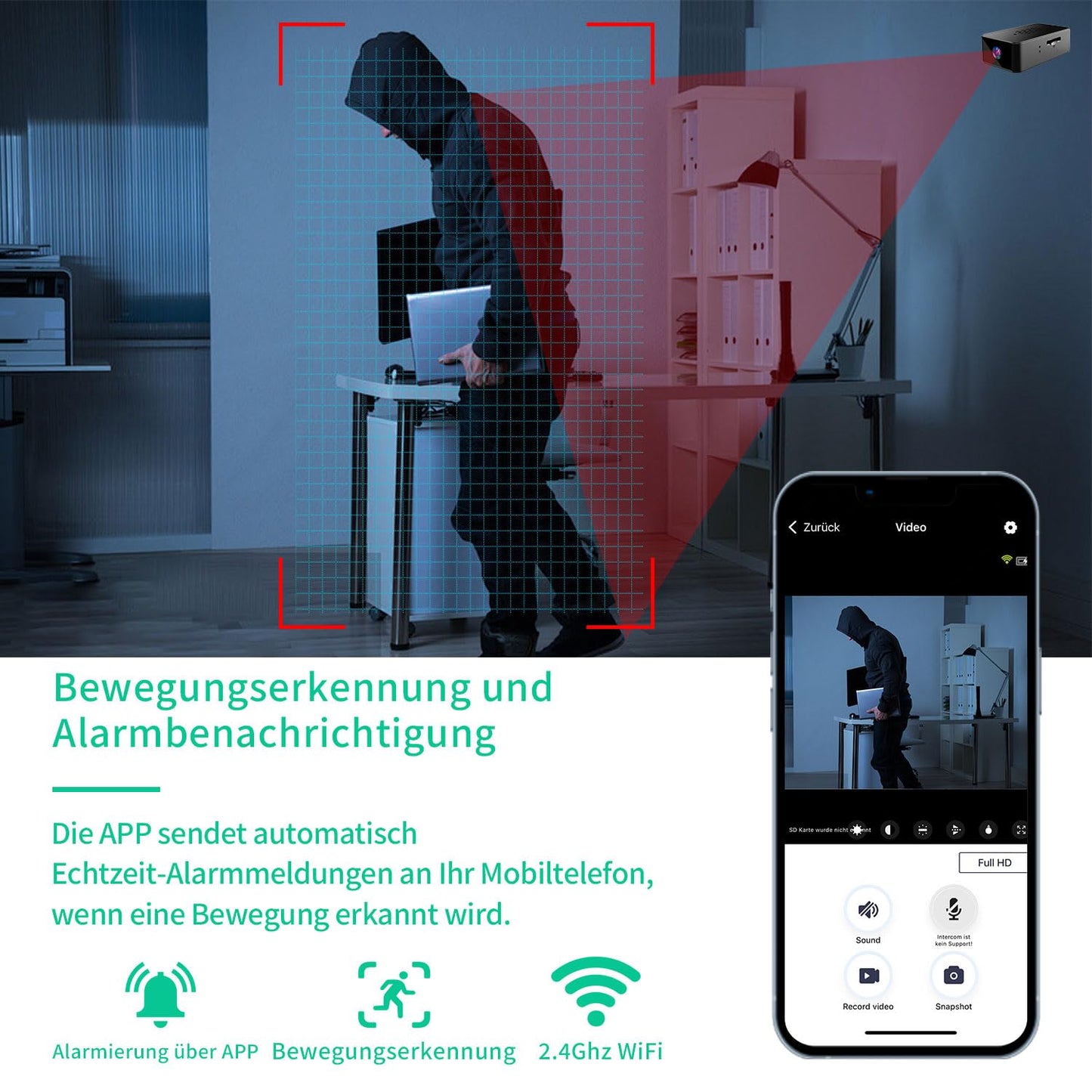 Mini camera, 1080P full HD WiFi camera, 140° wide angle WiFi camera live transmission mobile app, battery-powered WiFi connectivity with motion detection for home office repository.
