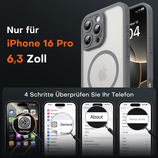 TOCOL for iPhone 16 Pro case for Magsafe, complete camera protection, shockproof scratch-resistant translucent back, magnetic phone case for iPhone 16 Pro, gray.
