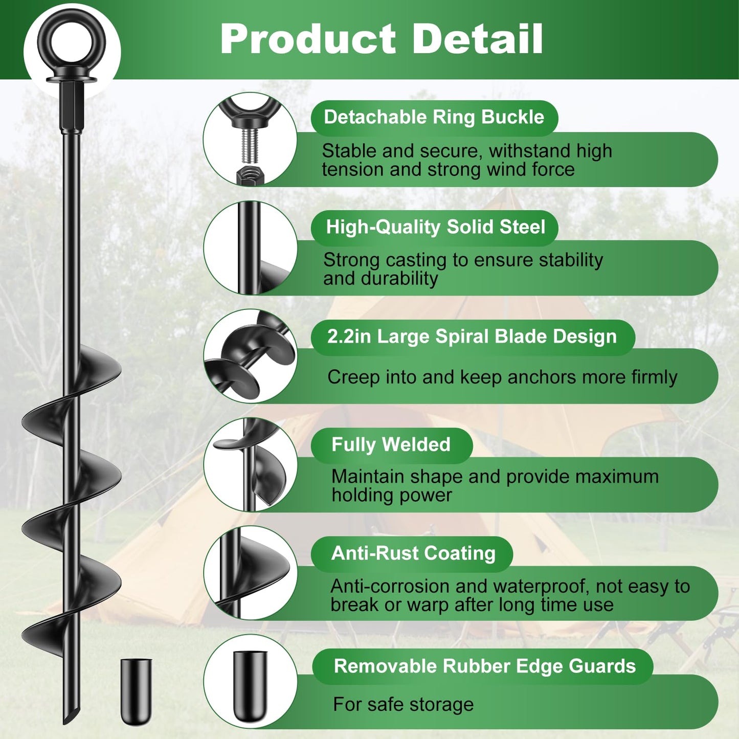 Ewilibe ground anchor 45.7cm made of steel for securing tents, swing sets, canopies, camping gear, trampolines, etc. Resistant to strong winds and rust.