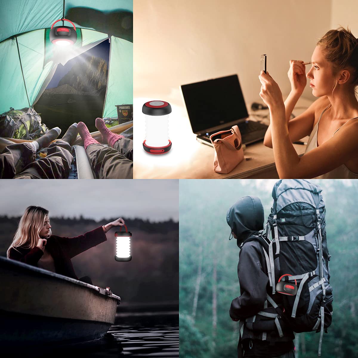 GlobaLink LED Camping Lantern Foldable Solar Camping Lantern Power Bank with 2 Charging Methods (Solar/USB) and 3 Light Modes for Camping, Fishing, Emergency - includes Survival Bracelet with Whistle (Red)
