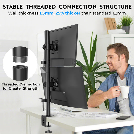 BONTEC Dual Monitor Stand for 13-34 inch screens, Height Adjustable, Swivel, Max. 10kg per monitor, VESA Compatible, Cable Management, C-Clamp & Grommet Mounting, Ergonomic for Home Office & Gaming.