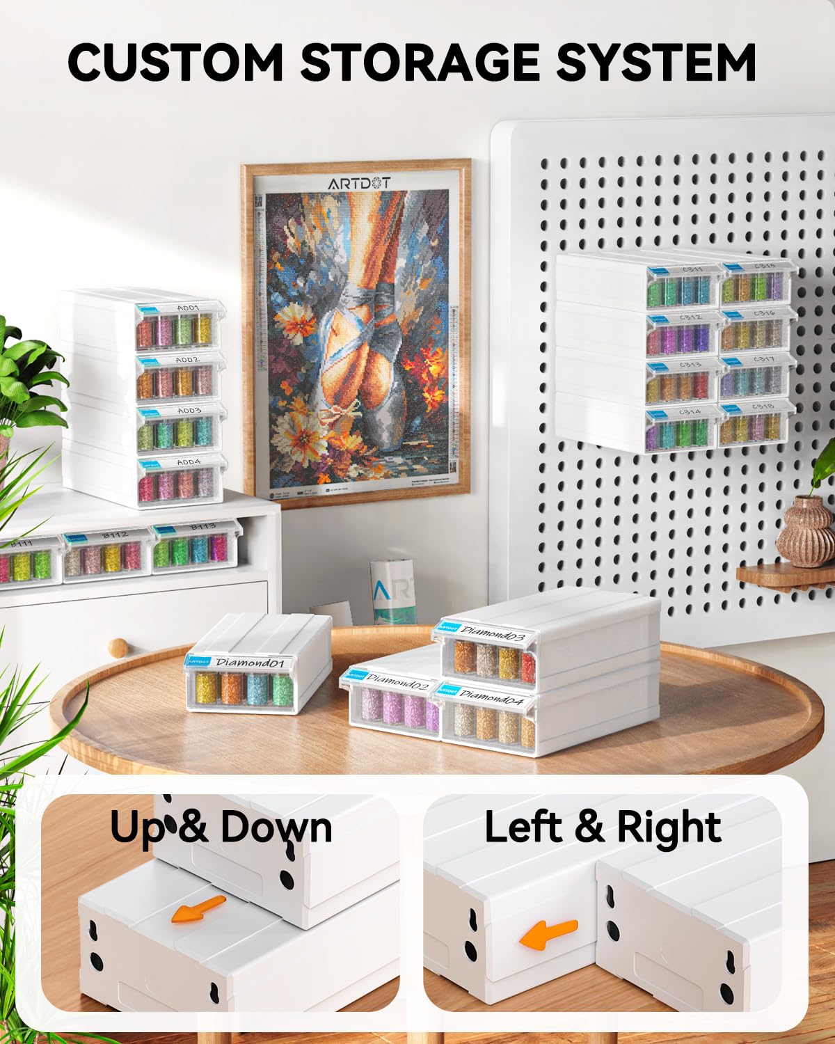 ARTDOT 4 Set Diamond Painting Storage Box, Stackable 128 Pieces 5D Diamond Painting Accessories with Funnel Stickers