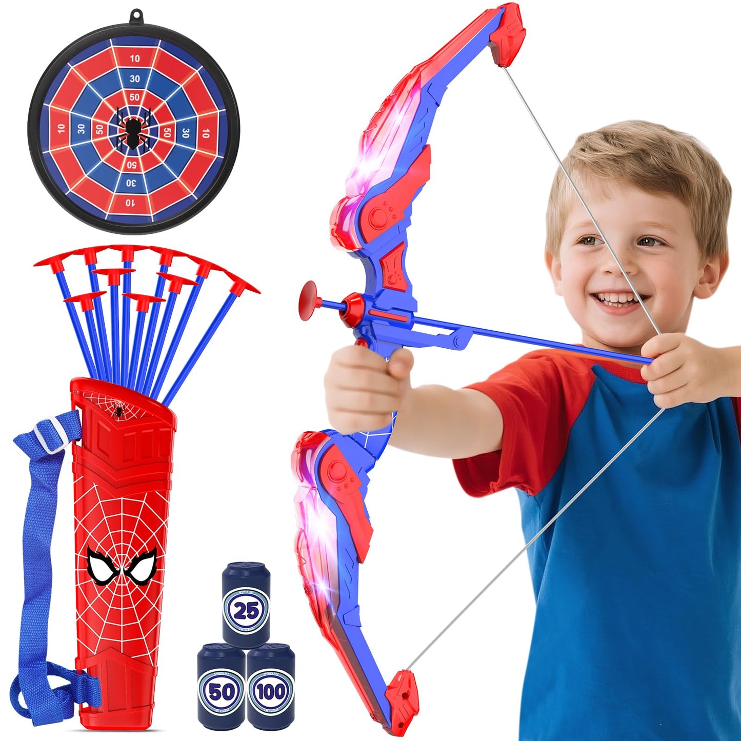 Lubolee LED lighted bow and arrow kids set, outdoor toy for boys aged 3-12, includes bow, quiver, 10 arrows, hanging target, and 3 foam targets.