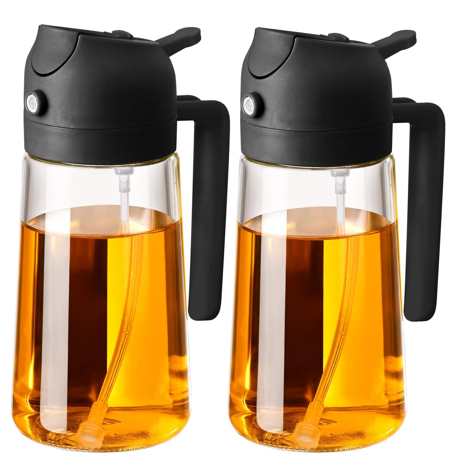 SWEET VIEW 2 in 1 Oil Sprayer for Cooking, 470ml Glass Oil Bottle/Olive Oil Spray Bottle for Salad, Grilling, and Air Fryer (Black, Black)