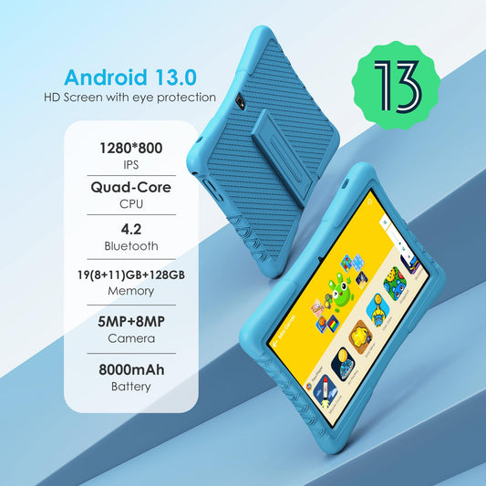 LNMBBS Kids Tablet 10 inch, Android 13 Tablet for Kids, 19GB+128GB/TF 1TB, Kids Tablet with Parental Control, 5MP+8MP, HD IPS Display, WiFi/BT/8000mAh/Google GMS, Learning Tablet with Eva Case-Blue