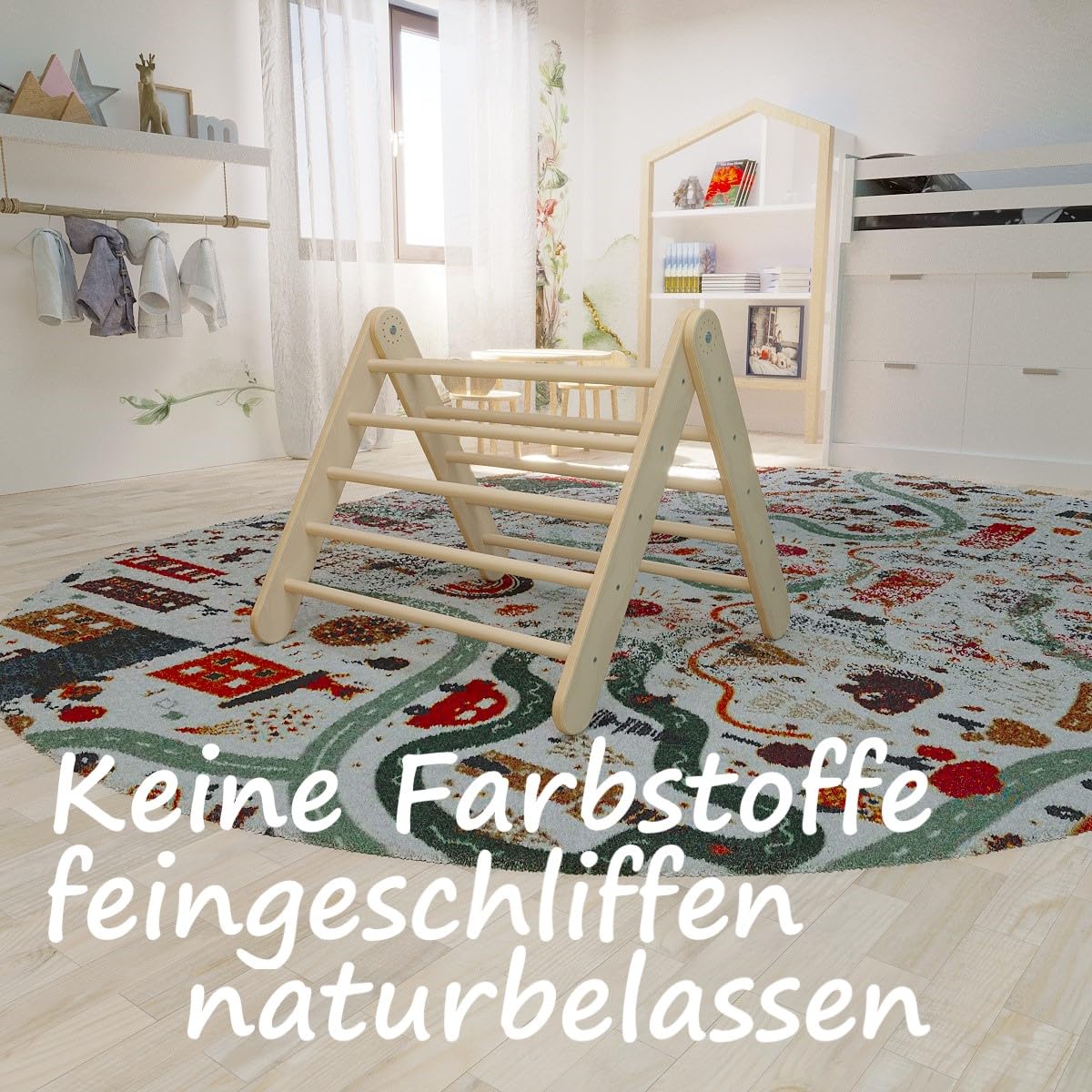 GOODEX Climbing Triangle with Slide is expandable and adjustable. Indoor climbing frame made of birch wood, suitable for babies and children from 10 months old. Can be used as a Pikler Triangle or as a folding ladder.