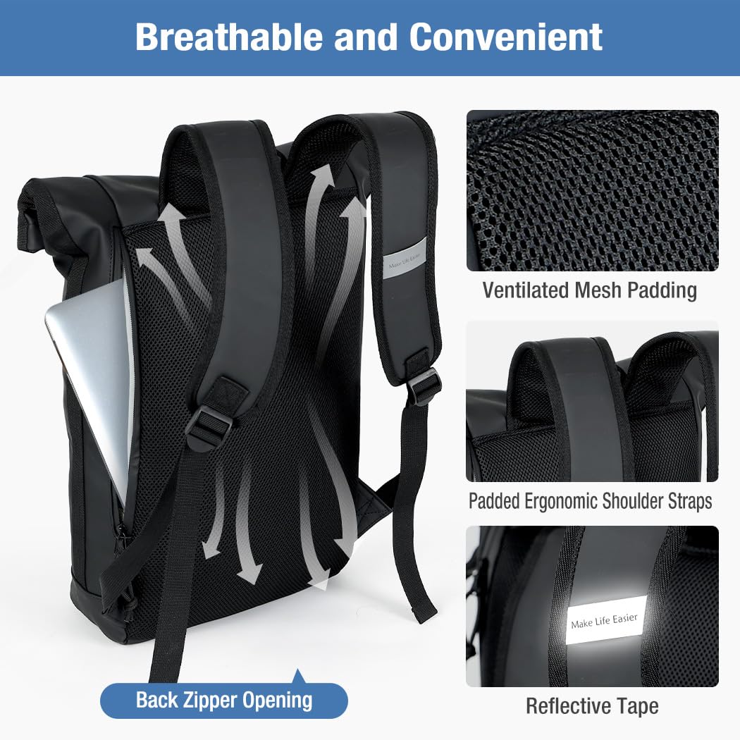 Lekeinchi Rolltop Backpack Waterproof for Women & Men, Large Laptop Backpack with Computer Compartment for 17 Inch Laptop, Stylish Travel Daypack for Travel, Cycling, University School--Black