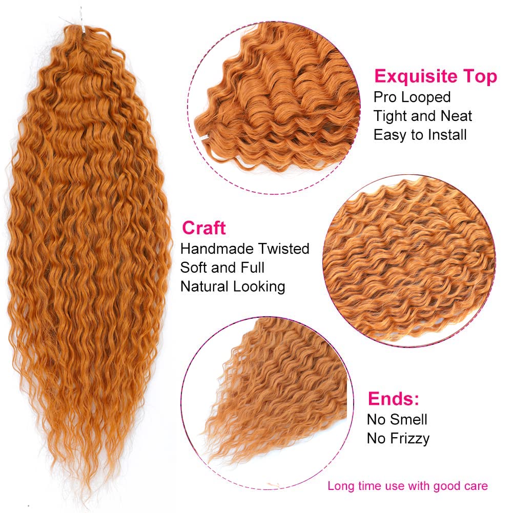 PORSMEER 3 Packs 22 Inch Water Wave Twist Crochet Hair Orange for Butterfly Locs Crochet Braids Bohemian Hair Extensions Pre-Looped Synthetic Hair Extensions for Women.