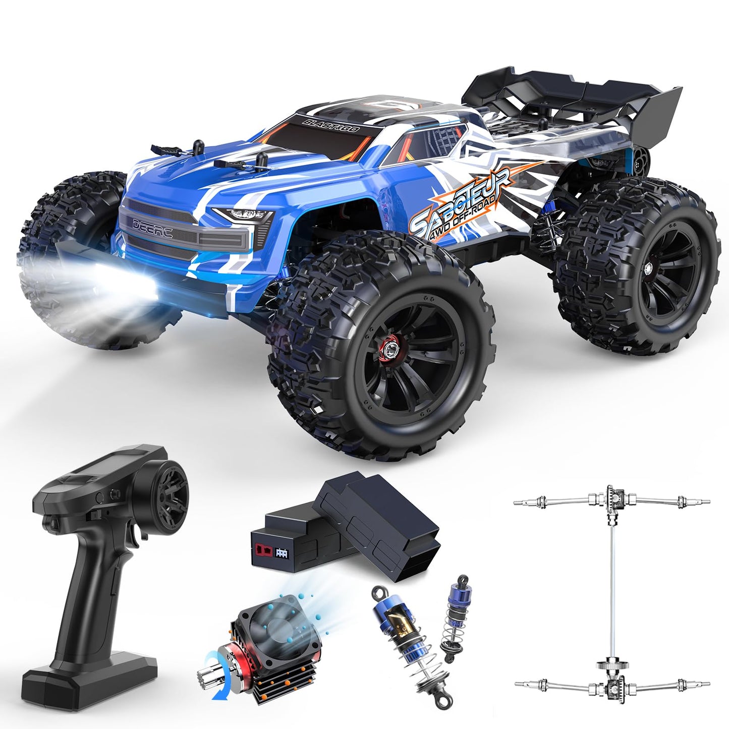 DEERC H16E Remote Control Car 1:16 Brushless Motor 70 km/h, 4WD High-Speed Racing Car with 2 Batteries for 40 Min Runtime, 2.4GHz RC Car for Adults and Kids
