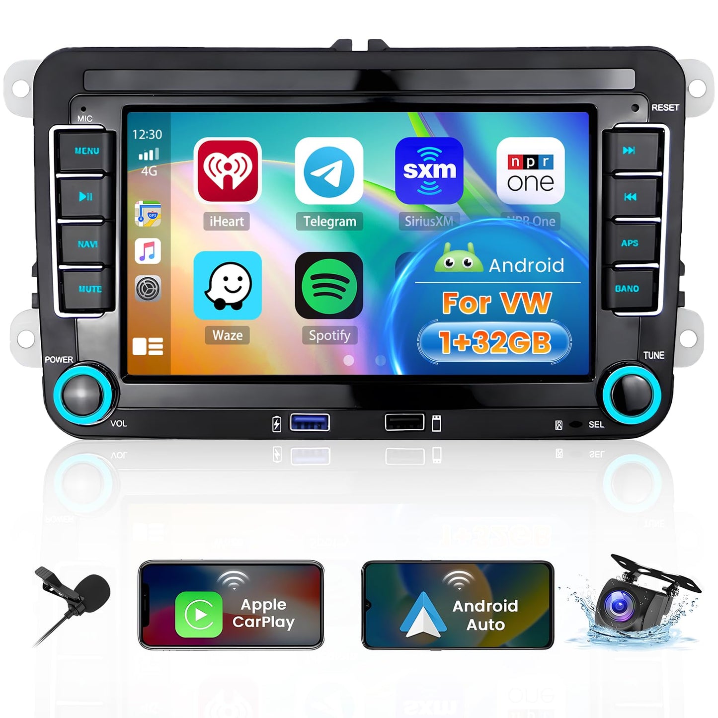 Hikity Android 13 car radio navigation for VW Golf 5 V 6 EOS Passat B6 Touran Polo Caddy, with wireless Carplay, Android Auto, 1+32GB storage, 7-inch 2Din radio with GPS, WiFi, Bluetooth, FM, RDS, Hi-Fi MIC, and AHD rearview camera.
