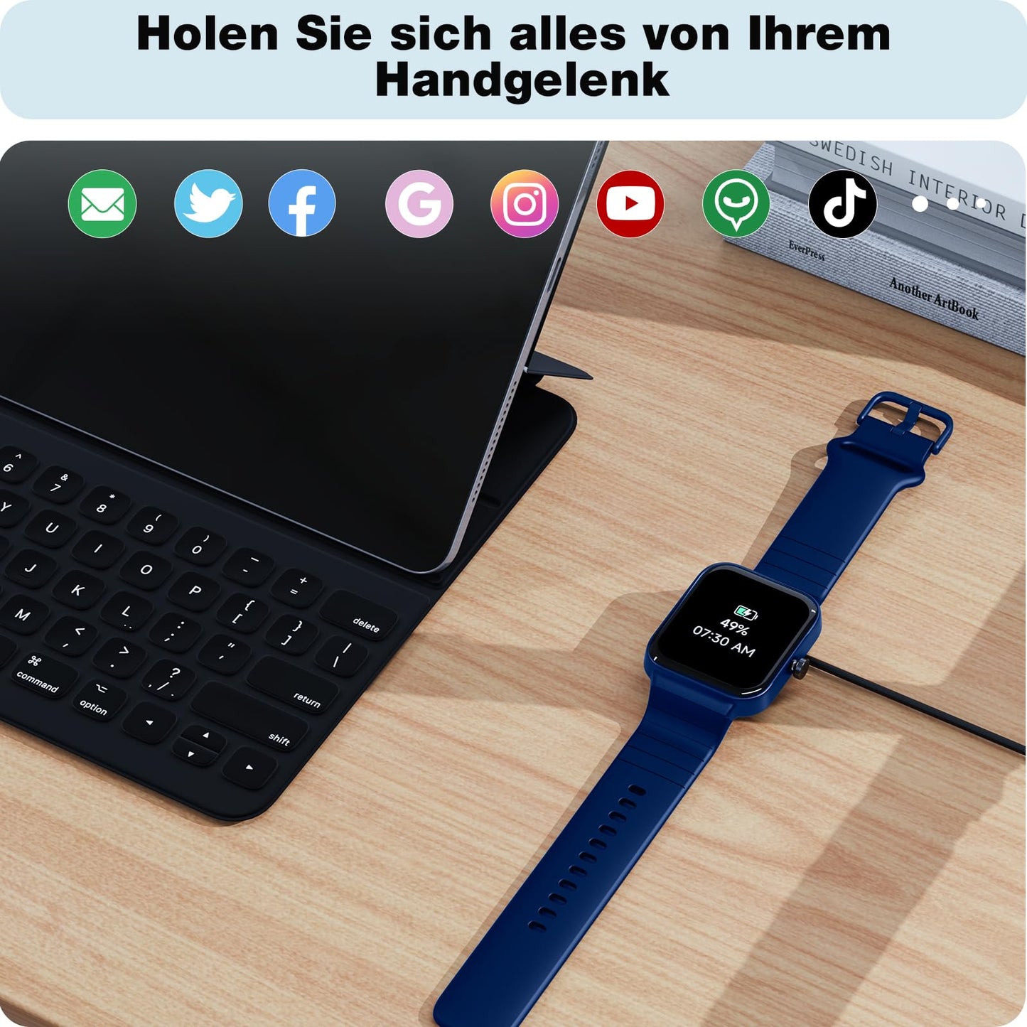 Smartwatch for men and women with phone function Alexa integrated - Fitness watch 100+ sports modes - Smartwatch 1.8 inches & IP68, pedometer watch for Android iOS with heart rate monitor SpO2 stress sleep monitor - blue