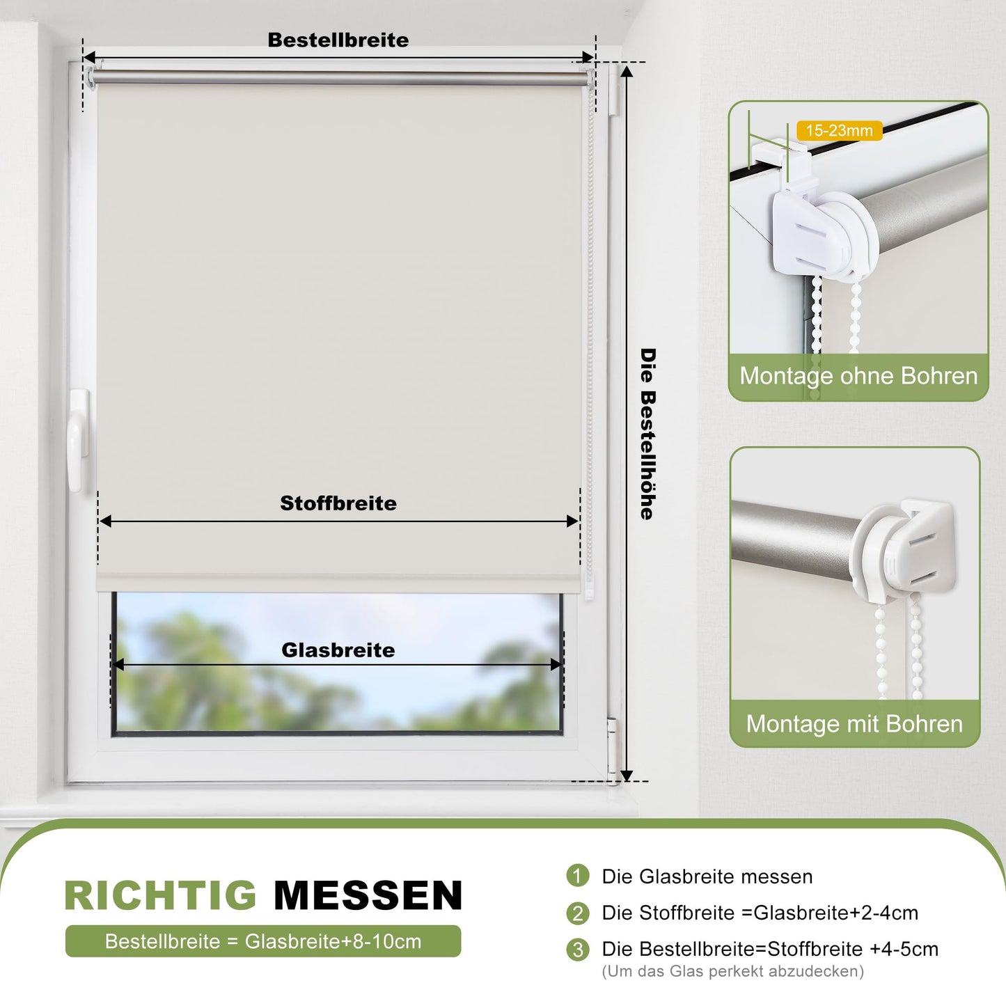 Blackout roller blind without drilling Clampfix, Cream B40xH210cm (fabric width 35cm) Thermo roller blinds for windows without drilling Roller blinds for indoor blackout & sun protection Side pull roller blind Clamp roller blinds for windows