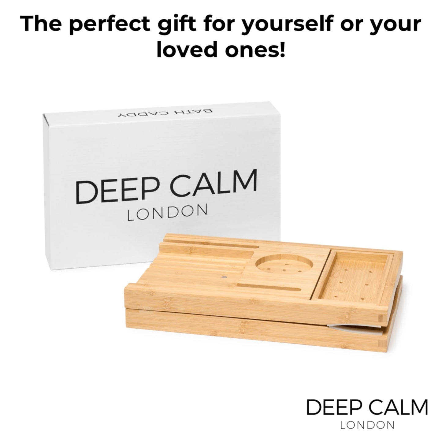 Deep Calm Bathtub Tray - Adjustable Bamboo Bathtub Caddy - Non-Slip Bathtub Shelf Fits Most Tubs - Holds Book, iPad, Phone, Glass, Candle (Natural)