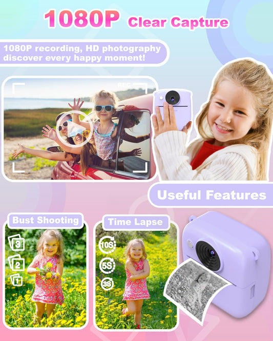 NUOTUN Instant Camera for Kids, Kids Camera with Printing Photos, 2.0 Inch HD Screen, 8X Zoom, 1080P Digital Camera with Printing Paper & Card, Kids Camera Gift for Girls & Boys 3-12 Years Old (Purple)