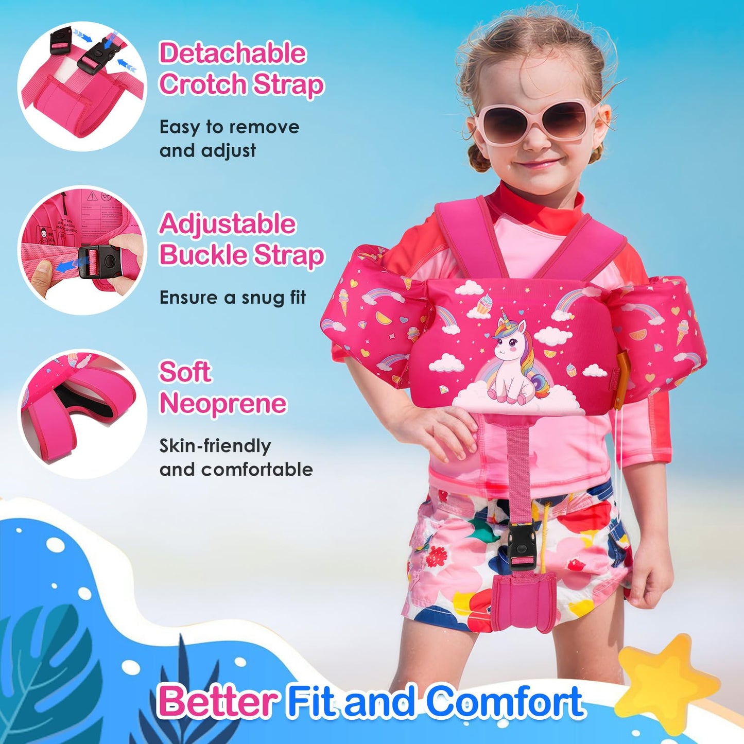 MoKo children's arm floats, toddler swim vest, swimsuit with adjustable strap, swim jacket water wings pool float, sea swimming aid for water sports learning swimming accessories, pink unicorn.