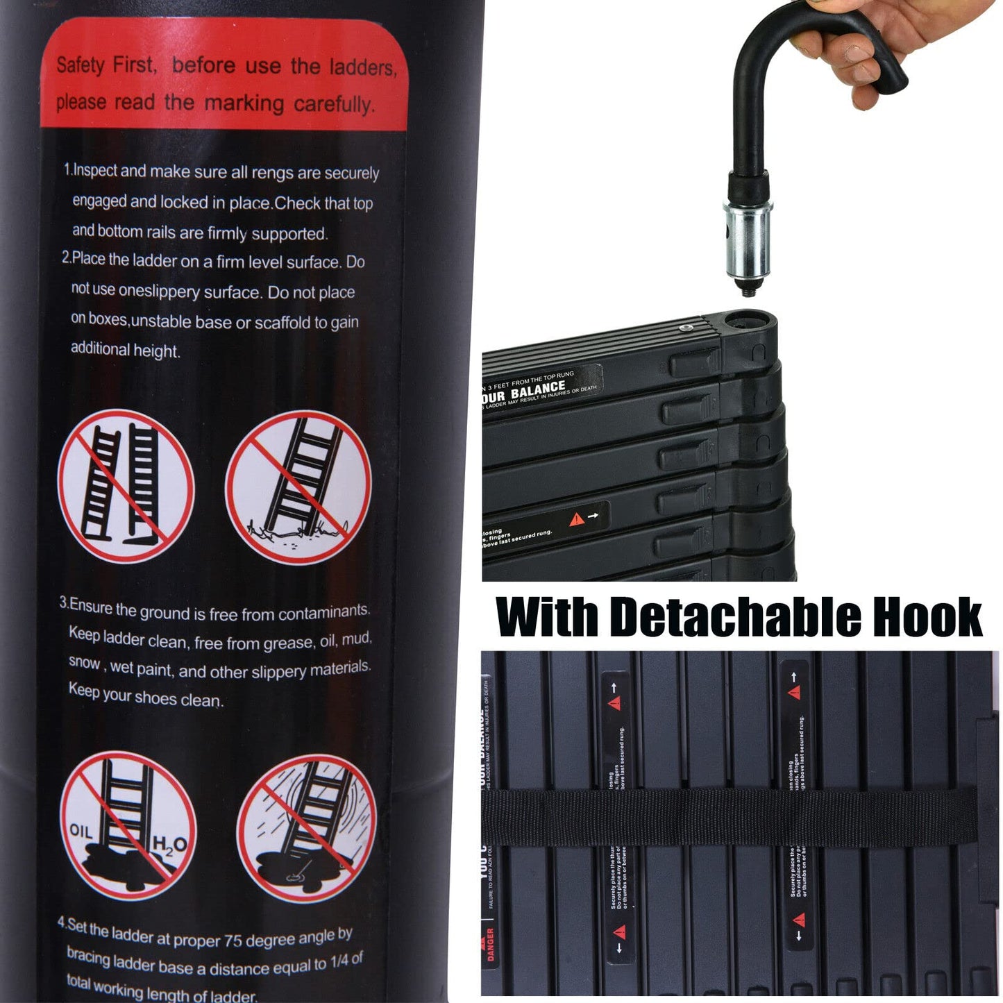 6.2m/20.34ft telescoping ladder with detachable roof hooks Multi-purpose folding black ladder, aluminum high telescoping ladder extension Foldable ladder, 330lb capacity, EN131 certified