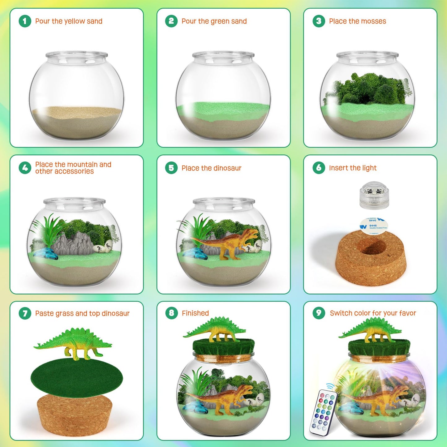Dinosaur terrarium set, birthday gift for boys ages 4-12, dinosaur toy night light craft kit, Christmas and Easter gift for kids.