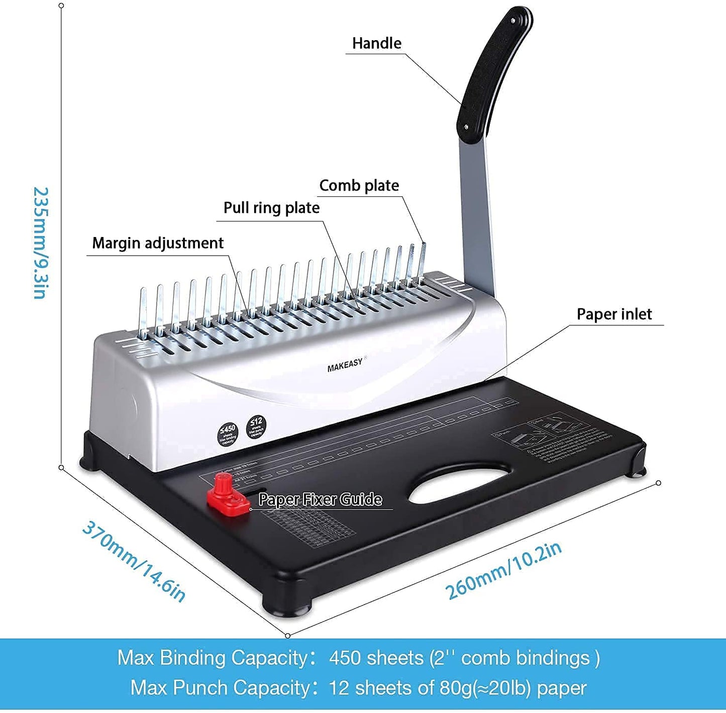 MAKEASY Binding Machine, 21 holes, binds 450 sheets, 12 sheet punching capacity, with starter kit of 100 pieces PVC binding spines, perfect for daily office documents.