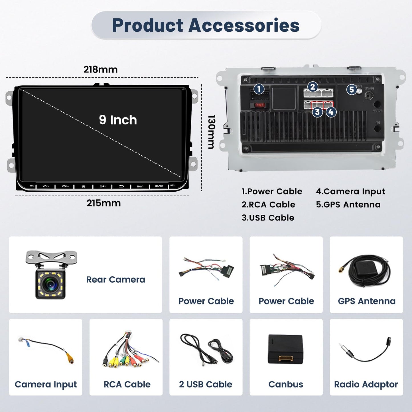 2+64G Android car radio for VW Golf 5 Golf 6 Skoda Passat B6 Passat B7. 9-inch touch display car stereo with GPS, WiFi, mirror link, Bluetooth, rearview camera, and microphone.