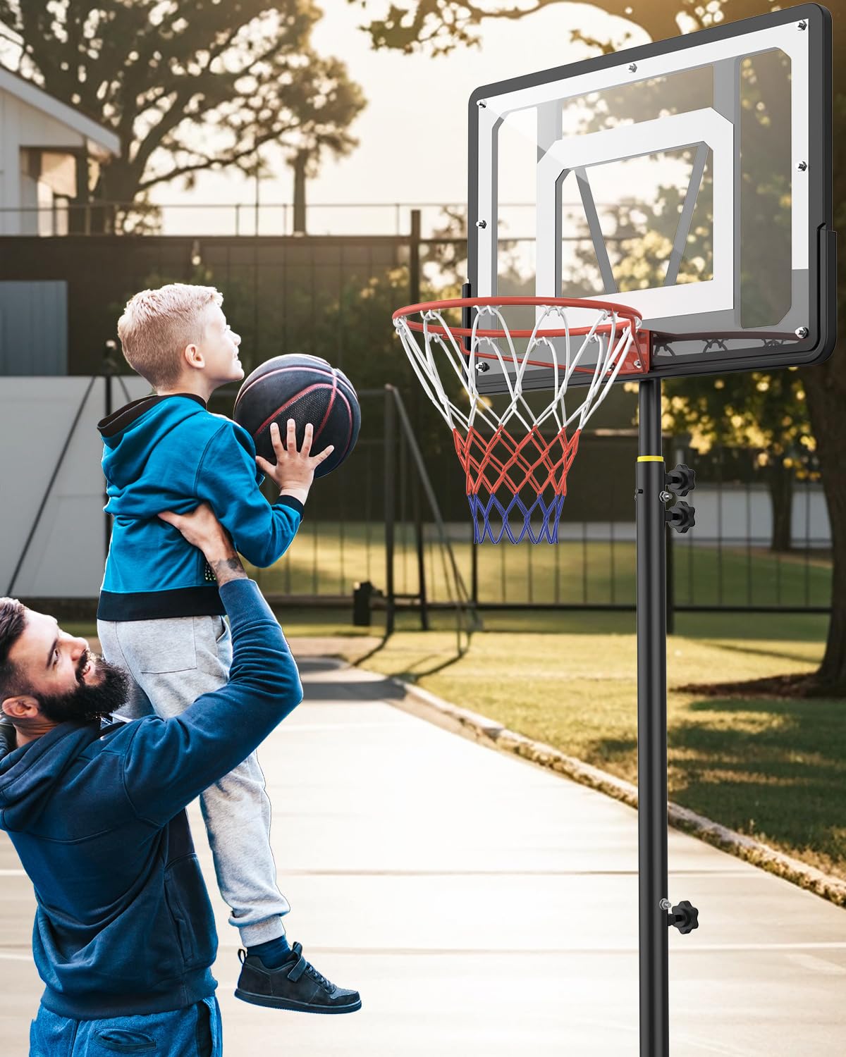 Outdoor basketball hoop for kids with adjustable height of 150-210 cm. Features a 80x60 cm shatterproof backboard, enlarged base, and wheels for easy moving. Ideal for children and teens.