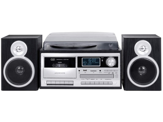 Trevi TT 1072 DAB, 33, 45, and 78 RPM vinyl record player, wireless vinyl player, CD and MP3 player, USB and SD, 25W, DAB/DAB+ FM digital radio, headphone jack, bass reflex speakers, black.
