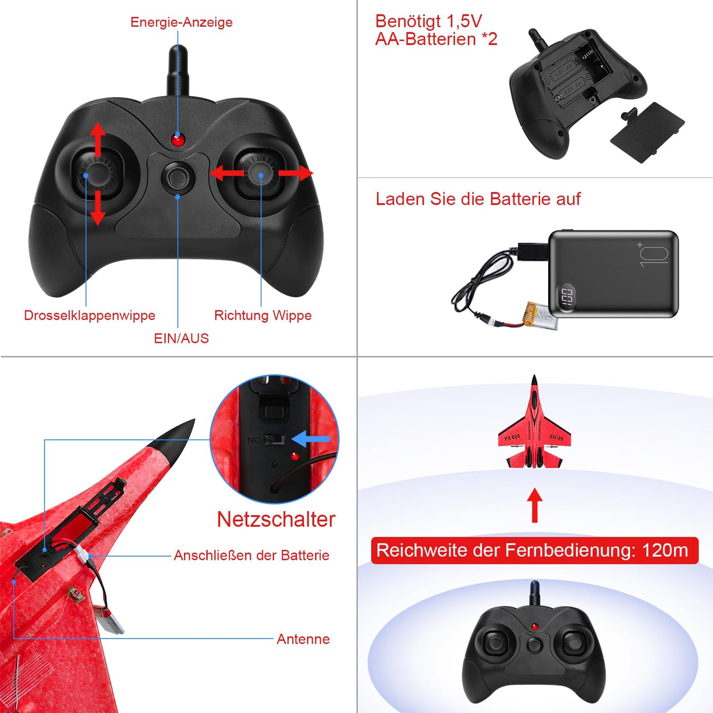 Henakmsl RC Airplane 2.4GHz SU35 Fighter RC Airplane 2CH Remote Control RTF for Beginners, Kids, and Adults, FX620 Airplane Toy with Colored Lights USB Charging Red