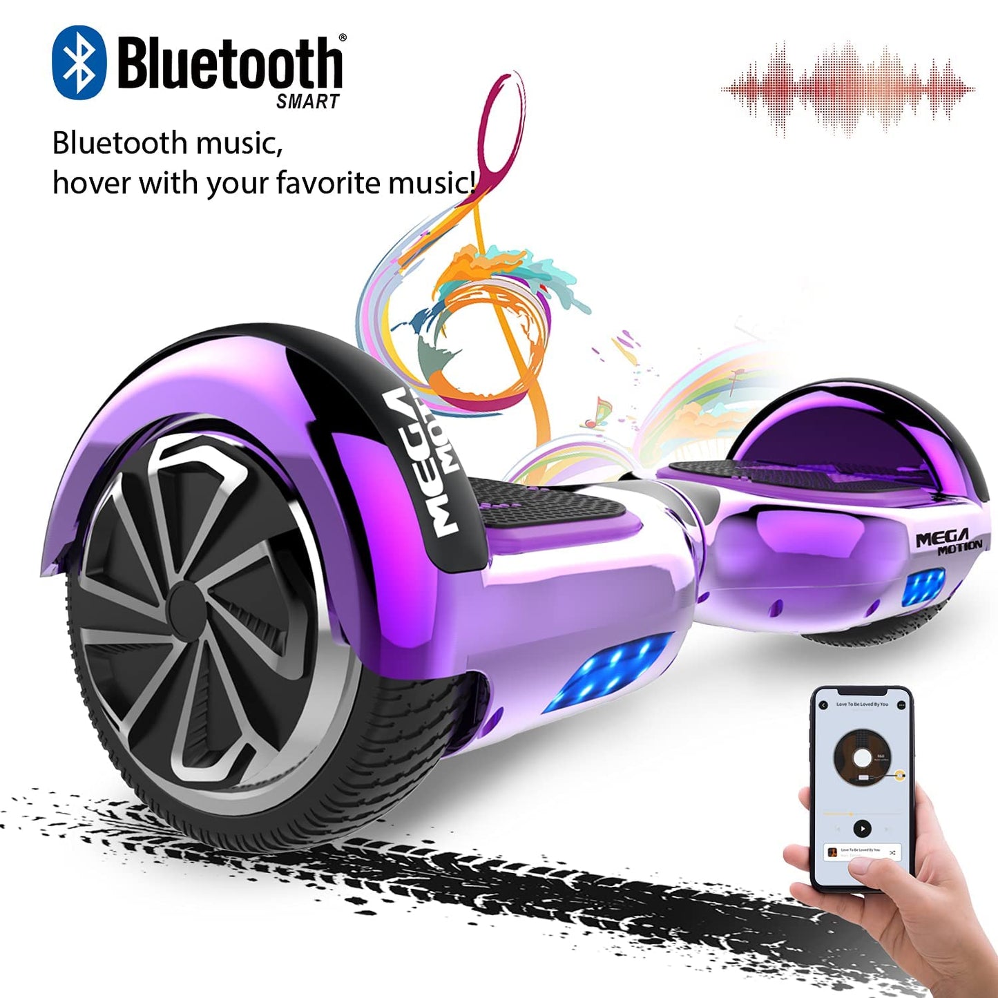 MEGA MOTION Hoverboard Kart, 6.5 inch Hoverboards with seat, equipped with Bluetooth speaker and LED lights, gift for adults and children.