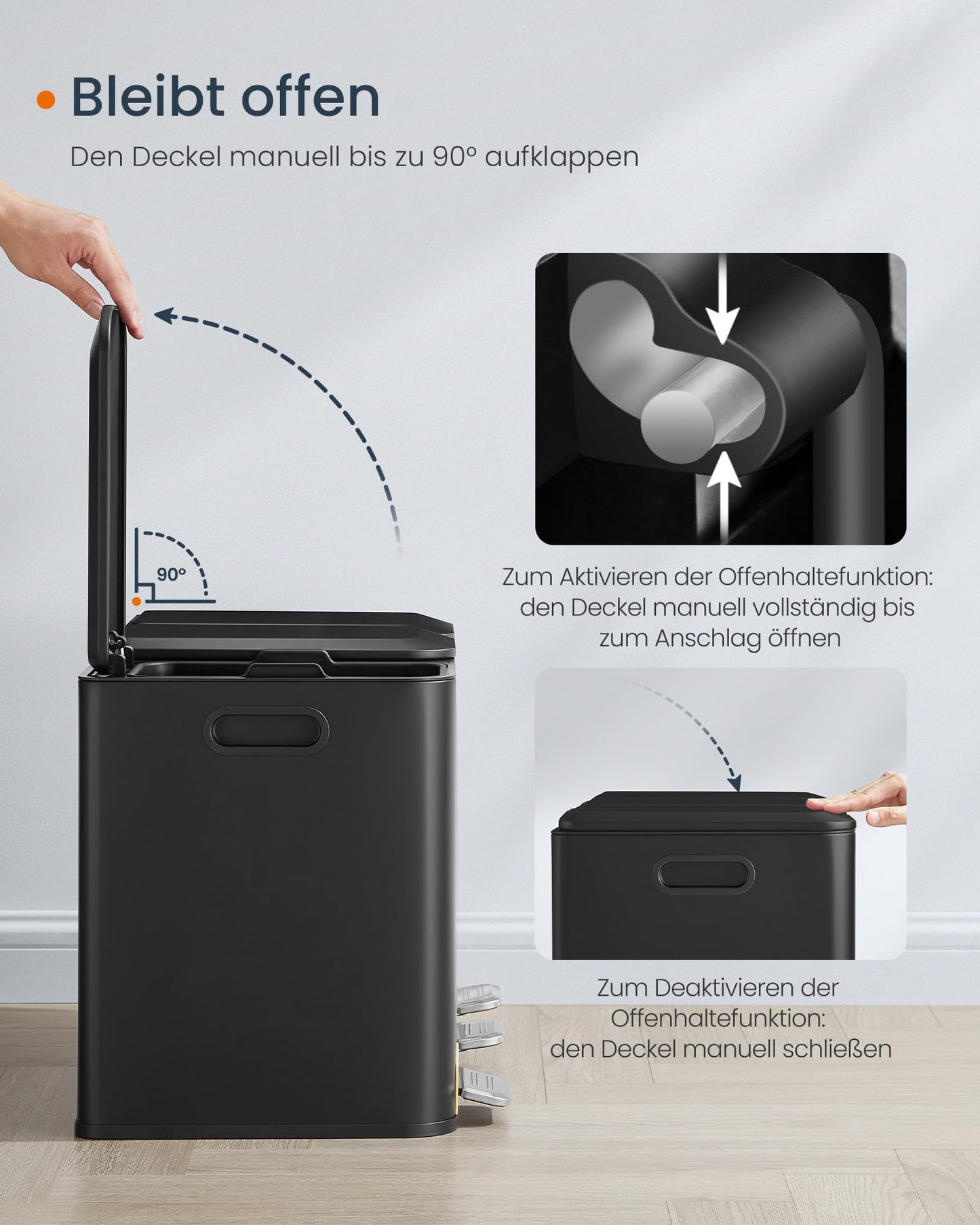 SONGMICS HOME Kitchen Trash Can, 3 x 15 L Compartments, Waste Bin with color-coded pedals, Recycling System, with lids and inner buckets, Steel, ink black LTB740B02V1