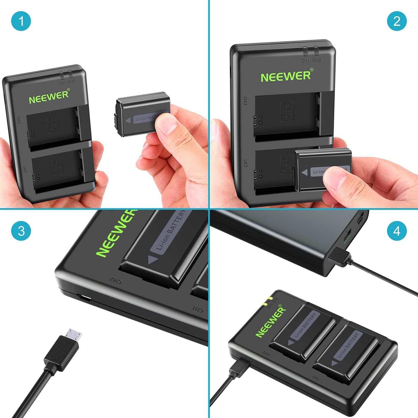 NEEWER NP-FW50 Camera Battery Charger Set Compatible with Sony ZV-E10, A7, A7R, A7RII, A7II, A7SII, A7S, a6300, a6400, a6500, RX10 Series (2-Pack, Micro USB Port, 1100mAh)