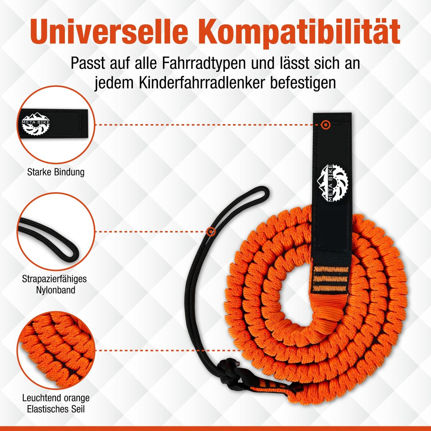 Meta Bike TowKid bike tow rope for kids, 2.5M towing system, traction rope for children & adults, kids' bike, mountain bike, e-bike, Woom MTB.