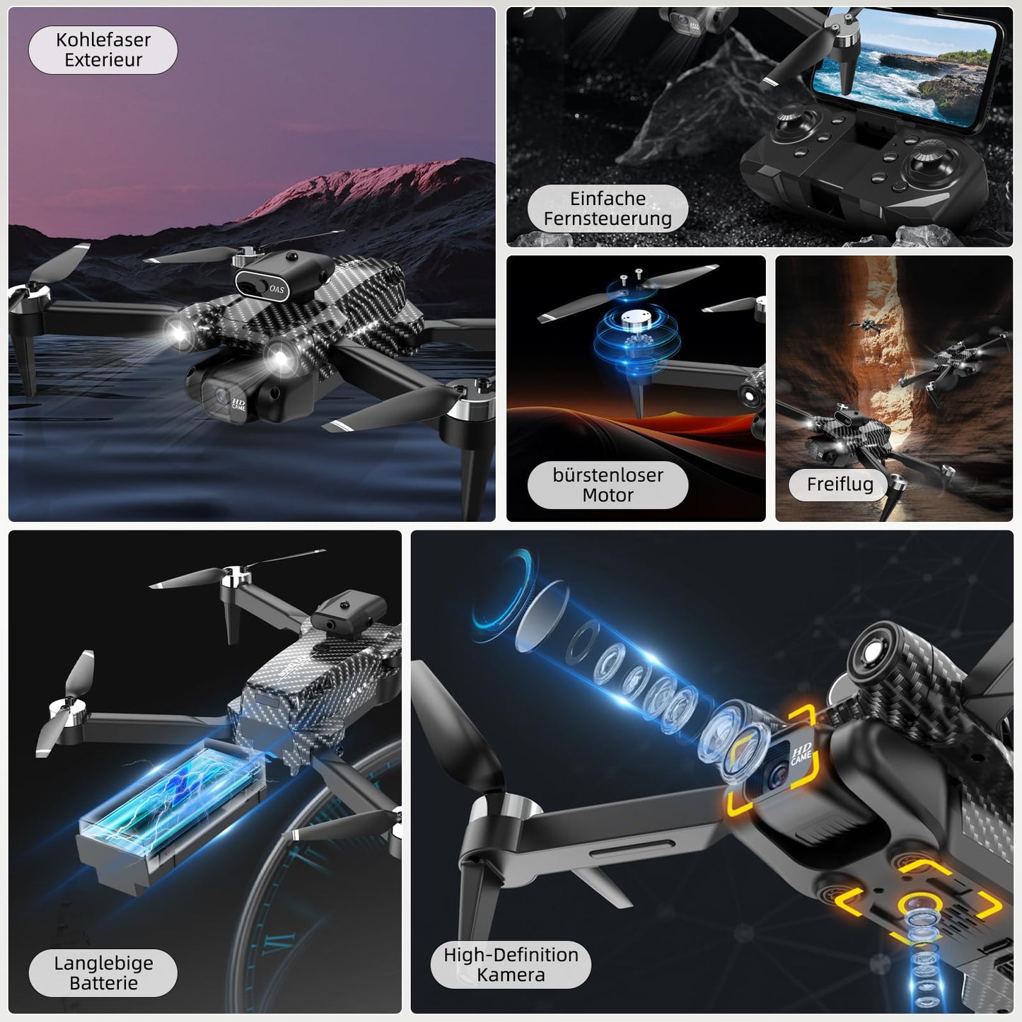 Drone with 4K camera, brushless motor, 360° flip, Headless Mode, WiFi, 5G image transmission, foldable, one-touch start/stop with 2 x 20-minute batteries, carrying case, children's toy gift drone.