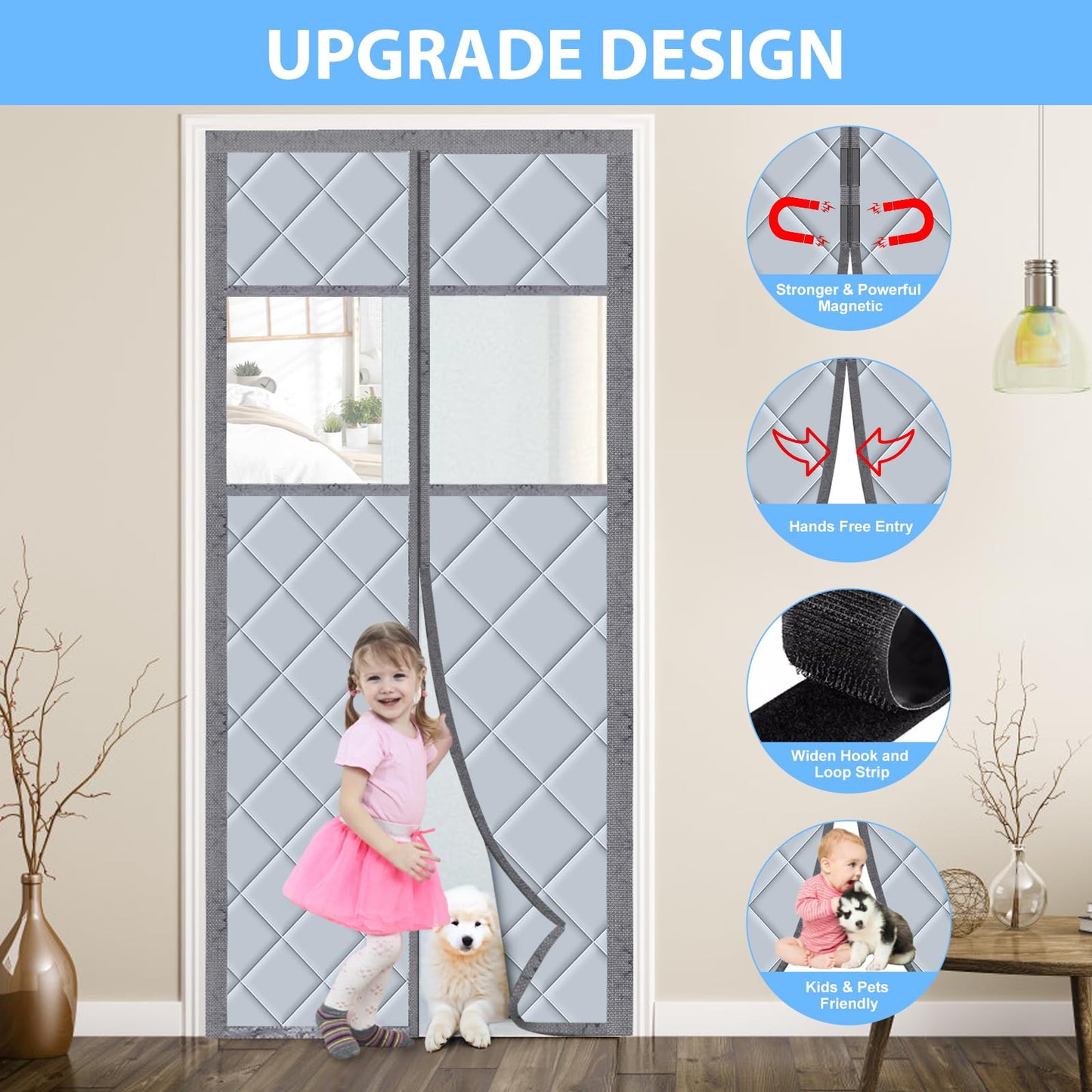 Magnetic thermal door curtain 90x210cm, no-drill thermo curtain for cold and heat protection. Waterproof, windproof, pet-friendly with a transparent window.