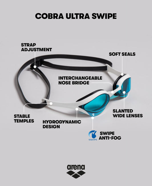 arena Cobra Ultra Swipe Adult Unisex Racing Goggles, swim goggles with curved lenses, anti-fog, UV protection, 5 interchangeable nose bridges.