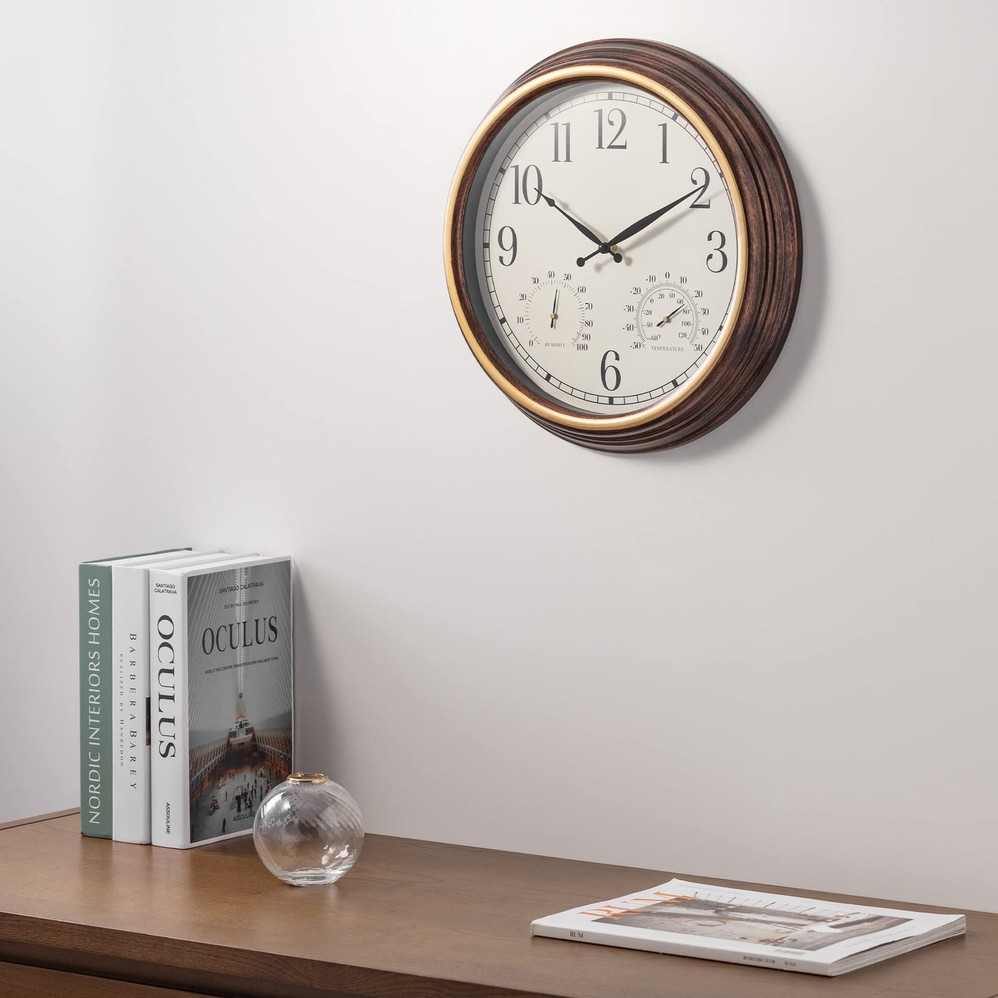 Navaris outdoor clock analog - with thermometer and hygrometer display - 38.1 x 5cm - round clock for hanging without ticking - decor garden wall clock