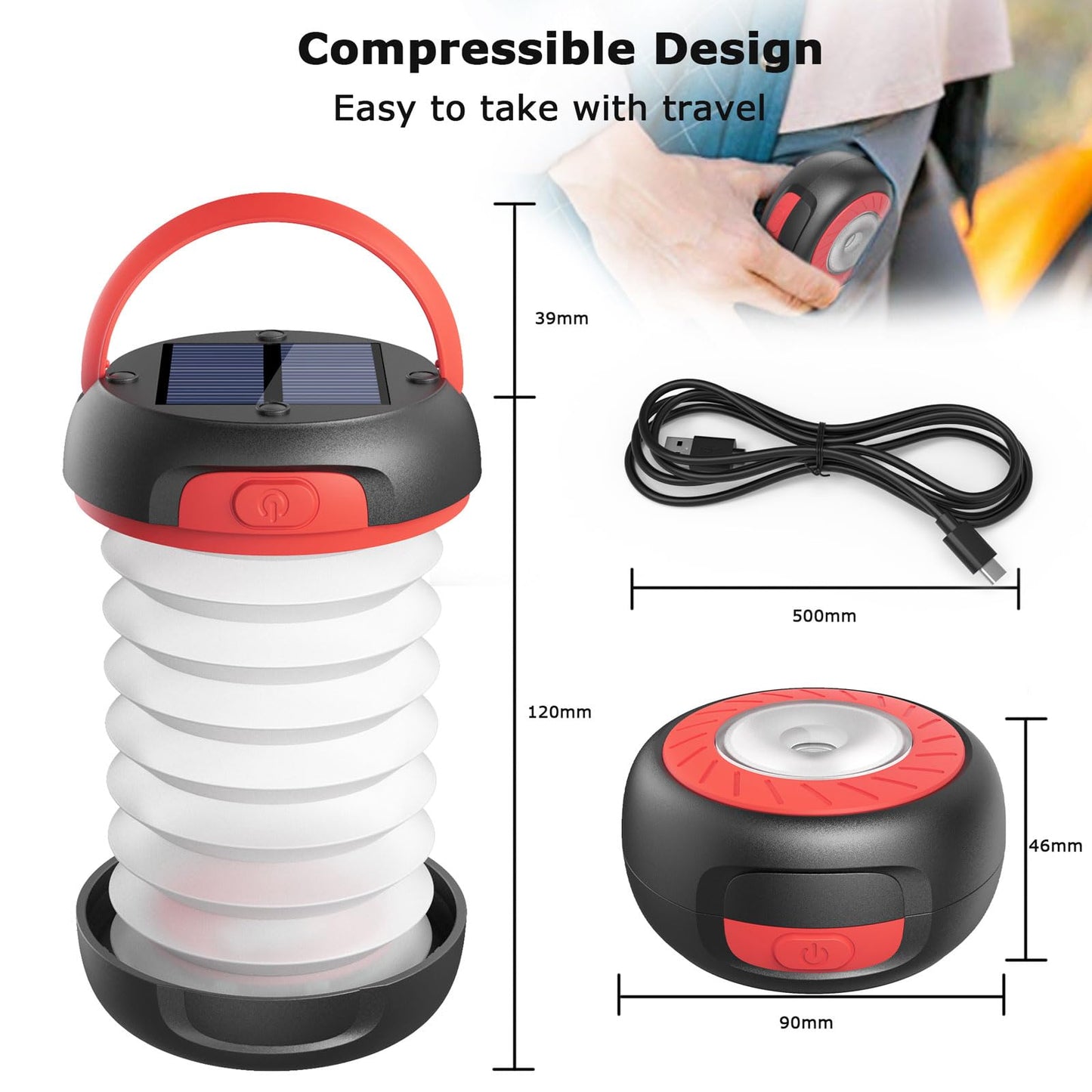 GlobaLink LED Camping Lantern Foldable Solar Camping Lantern Power Bank with 2 Charging Methods (Solar/USB) and 3 Light Modes for Camping, Fishing, Emergency - includes Survival Bracelet with Whistle (Red)