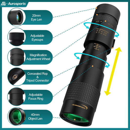 Aurosports 10-30x40 zoom monocular telescope for adults, Bak4 prism dual focus telescope compact monocular for wildlife bird watching hiking hunting camping.