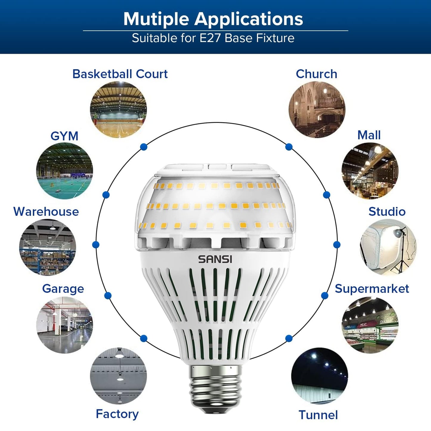 SANSI E27 dimmable LED bulb, 27W (replaces 250W incandescent bulb), 3000 Kelvin 4000 lumens, super bright for table lamp, ceiling light, garage, bedroom, pack of 2.