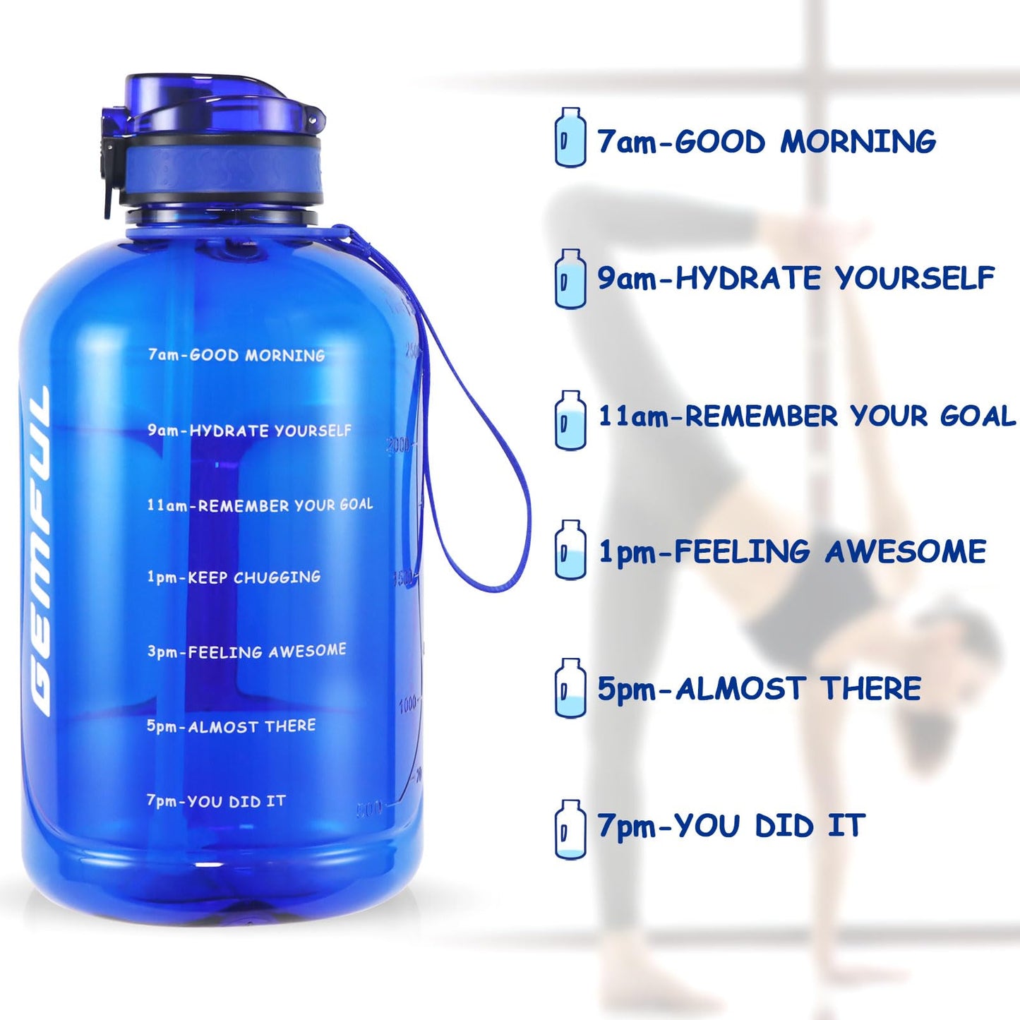 3L Motivational Water Bottle with Straw, Time Markings, & Handle! Stay hydrated & crush your fitness goals at the gym, outdoors, & in the office (Royal Blue)