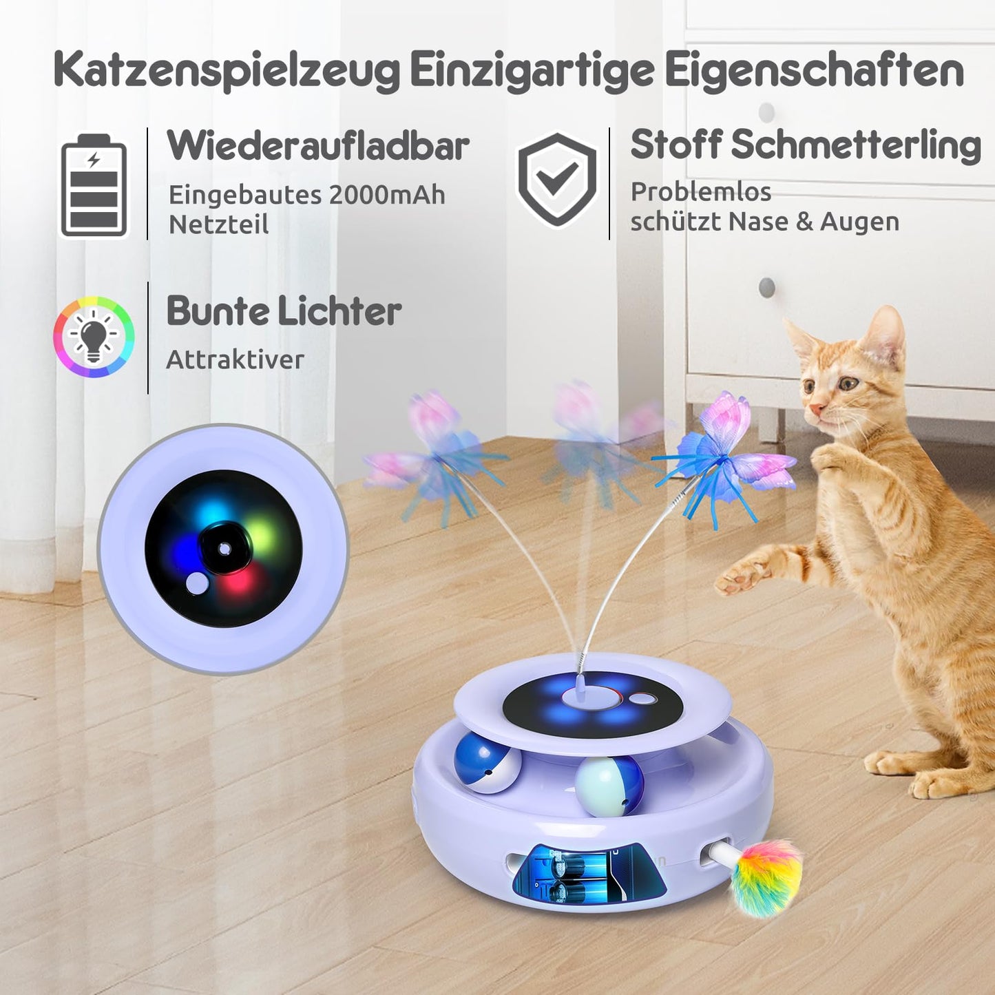GoldenSun 3 in 1 Interactive Cat Toy, Electric Automatic Cat Toy, Whack-A-Mole, Fluttering Butterfly, includes Ball, USB Rechargeable Cat Teaser with 6 Attachments.