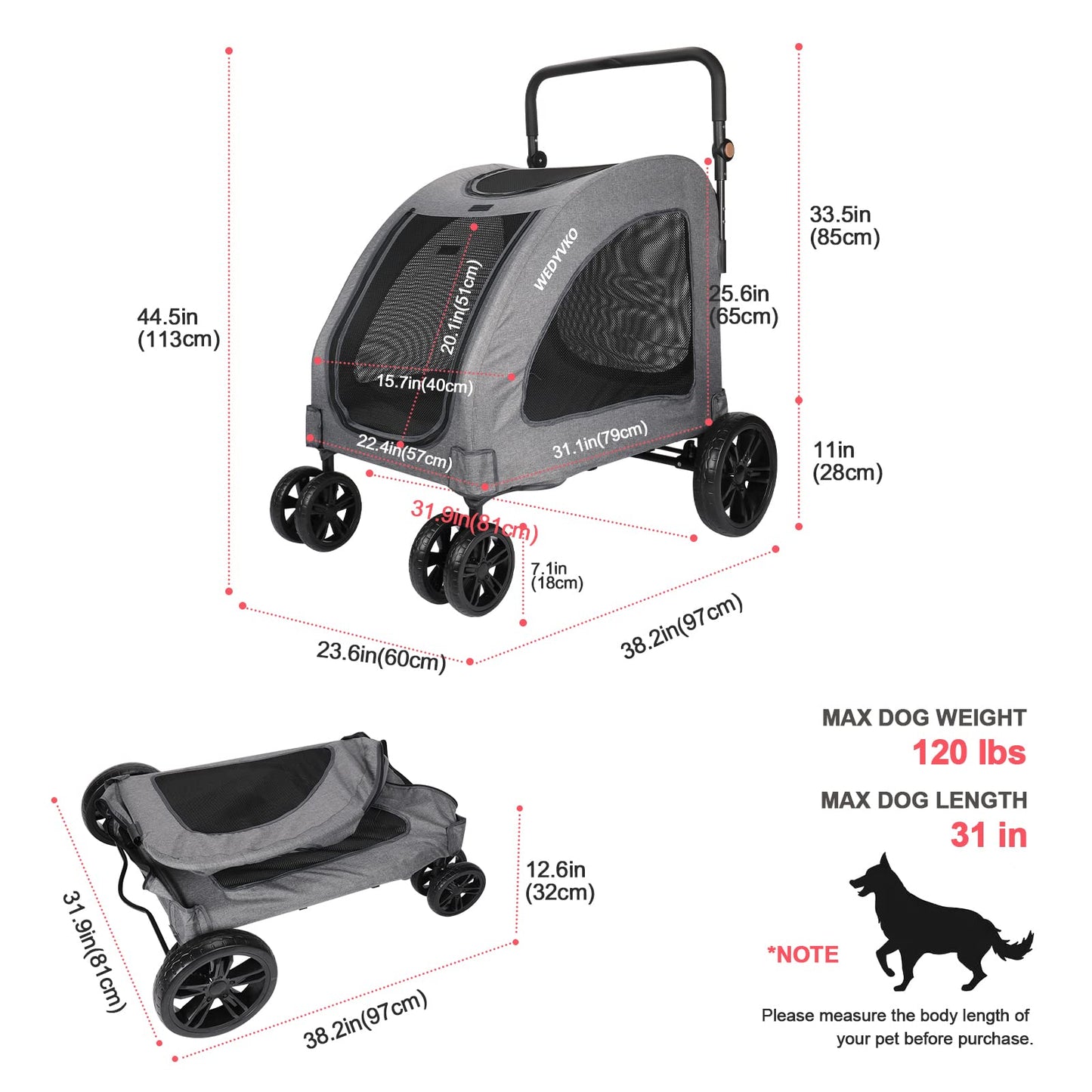 Virzen Pet Stroller 4 Wheels, Foldable Dog Stroller, Dog Buggy Pet Stroller with Mesh Windows, Pets Buggy Capacity up to 54kg for medium and large pets (Grey 2)
