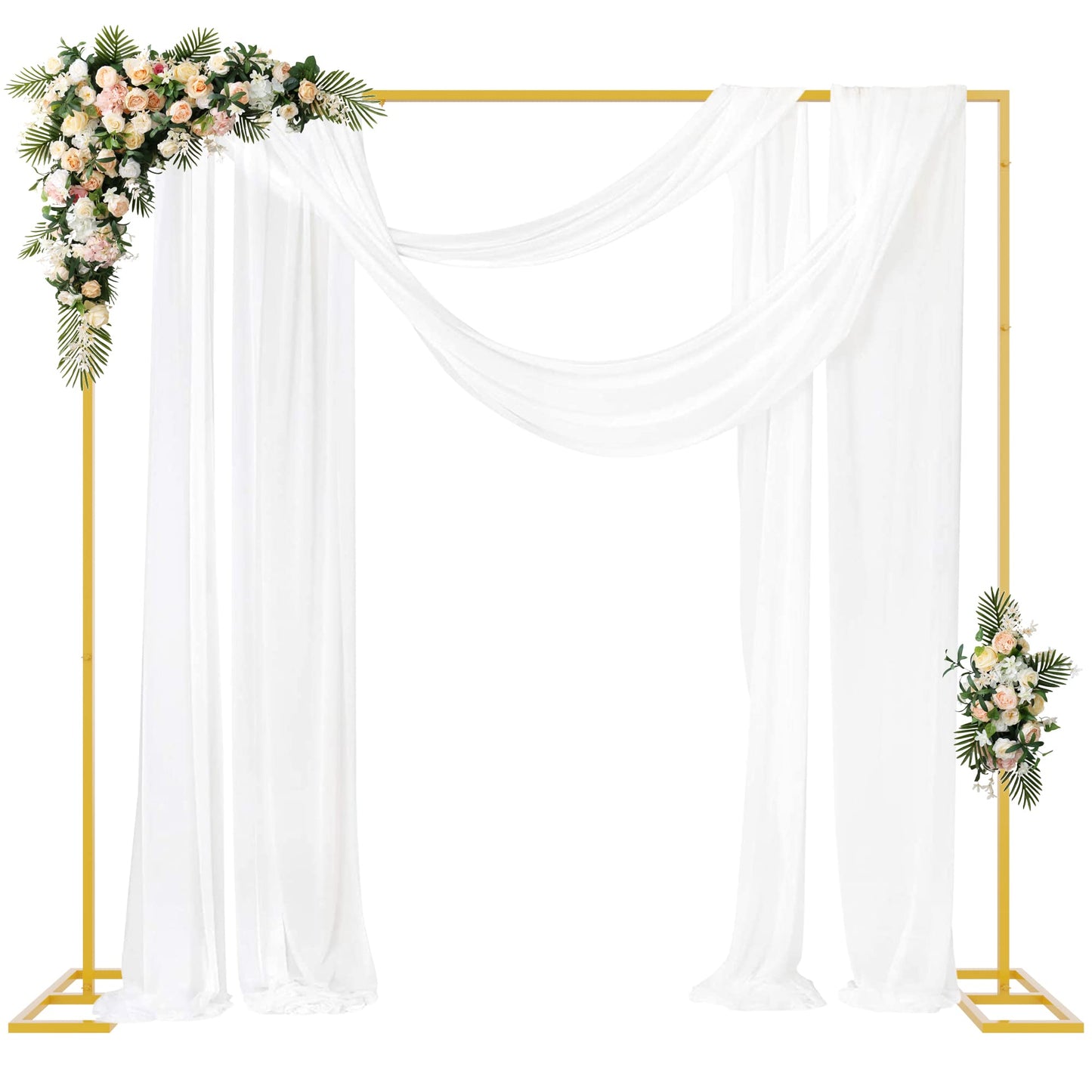 Fomcet 2.4 x 2.4m Wedding Arch Square Gold Adjustable Background Stand Metal Trellis Wedding with Base Portable Tube and Drapes for Birthday, Parties, Banquet Decorations