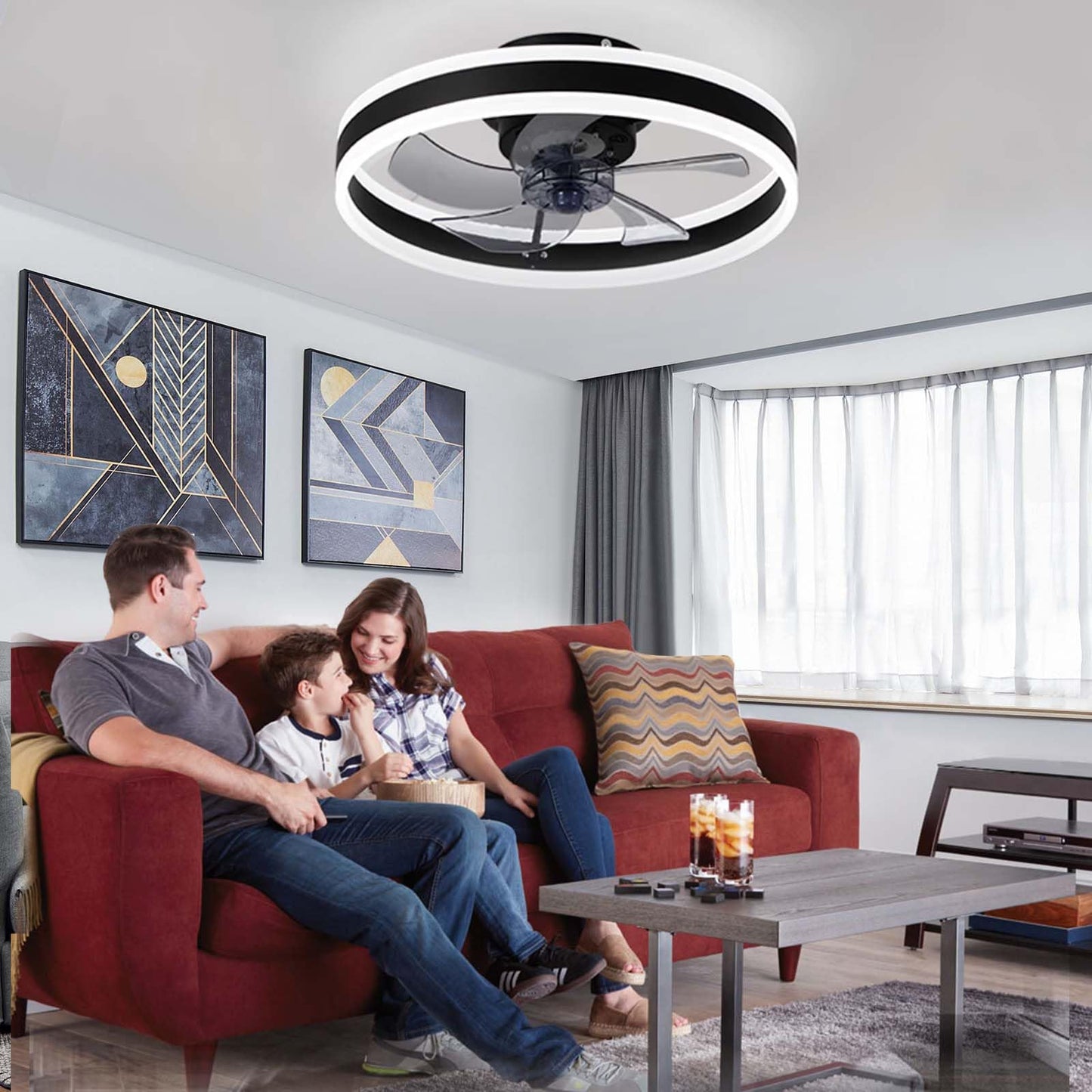 EIDISUNY Ceiling Fan with Light, Modern LED Ceiling Lamp with Fan and Remote Control, 3 Color Temperatures, Quiet Ceiling Fan with Light for Living Room Bedroom (Black-60W)