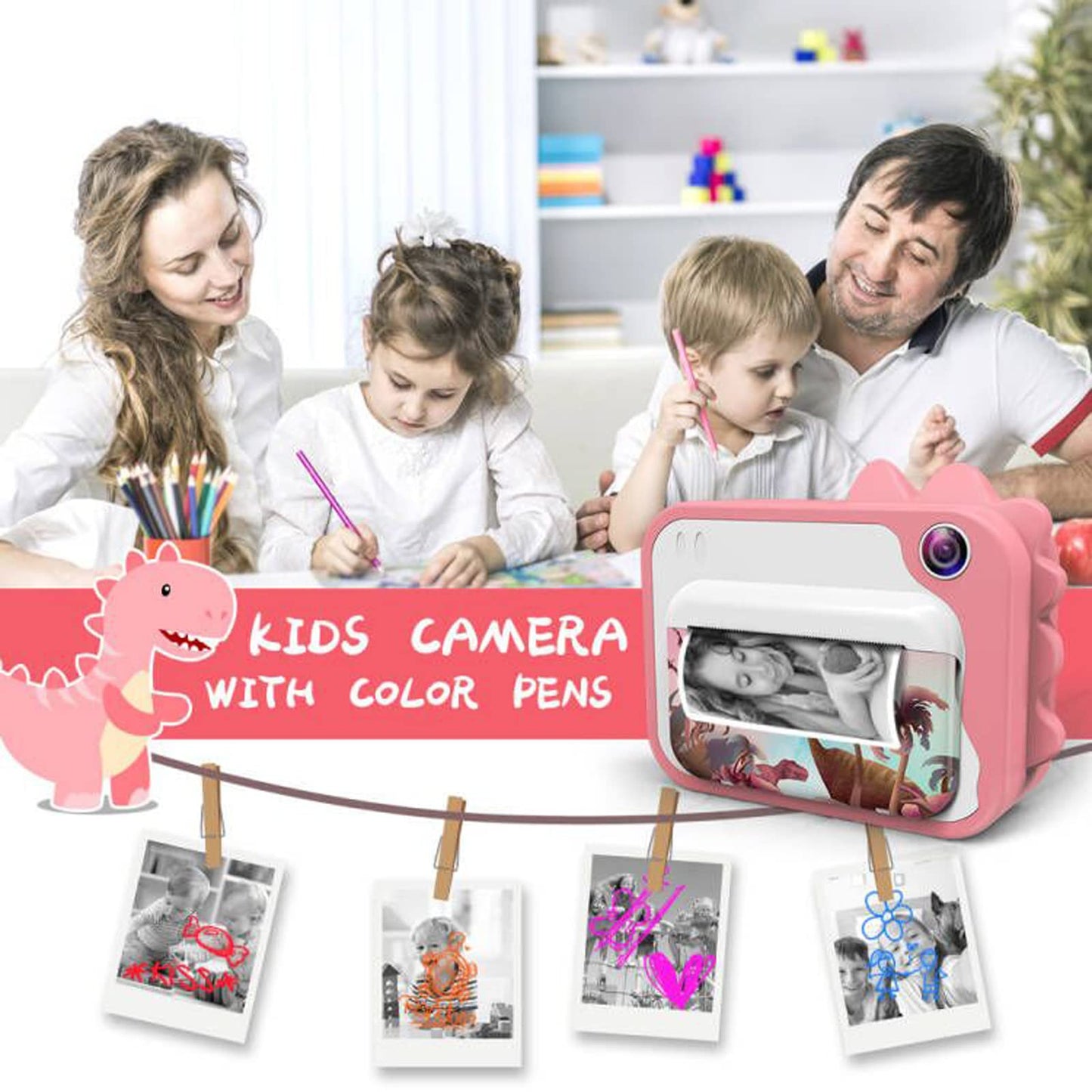 Children's camera, digital camera instant print camera 1080P 2.4 inch screen video camera black and white photo camera with 32GB memory card, 3 rolls of printing paper, 5 colored brush pens gift for children