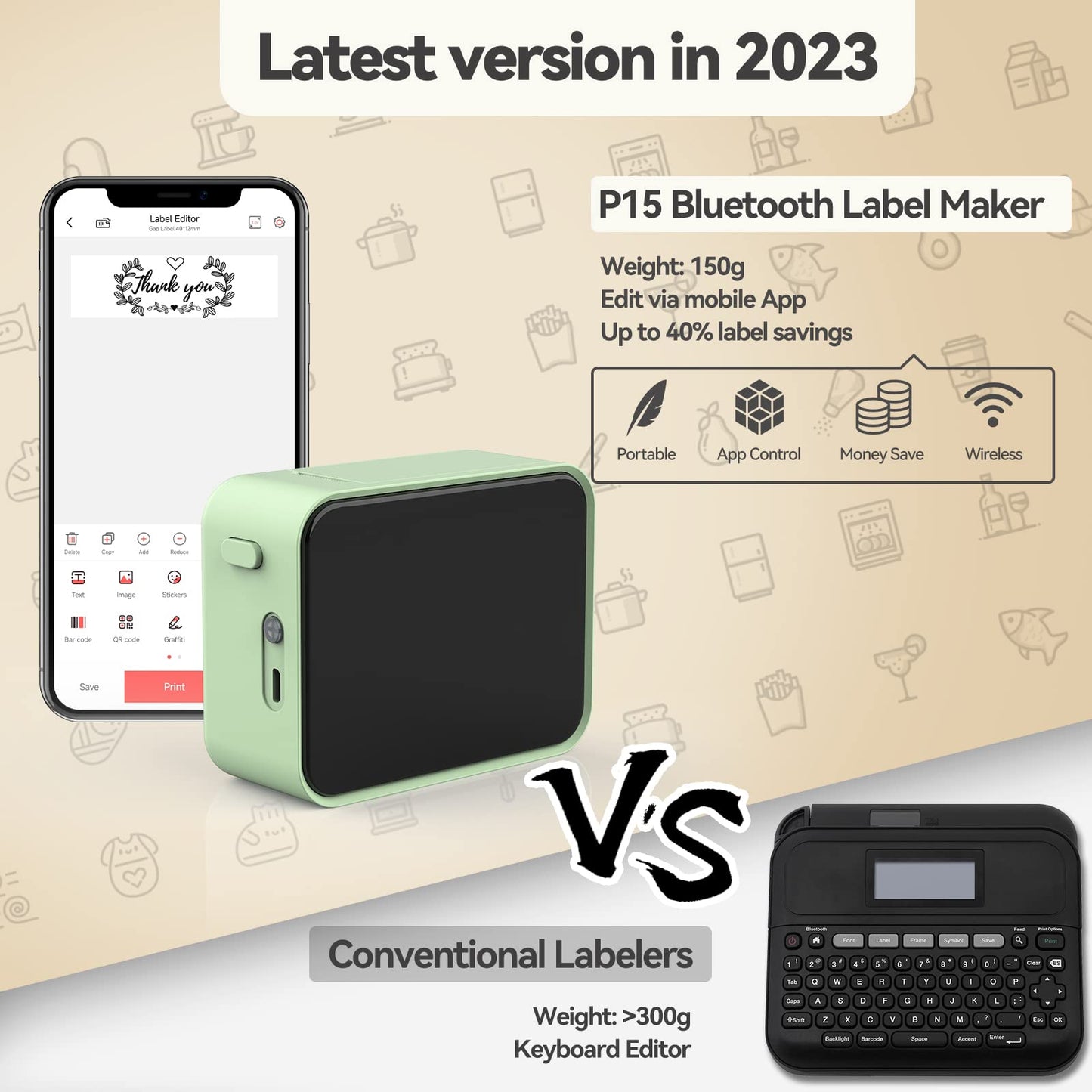 Pristar P15 Bluetooth label printer, self-adhesive, rechargeable. Suitable for iOS & Android, ideal for home, school, office. Green color.