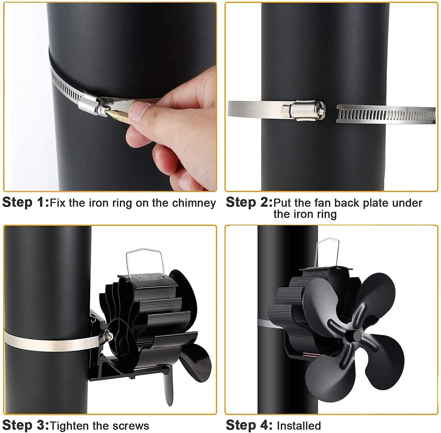 4 Blade Stove Fan with Screwdriver Wood Stove Pipe Fan, Heat Powered, Environmentally Friendly on Chimney for Wood Burner/Stove Fans