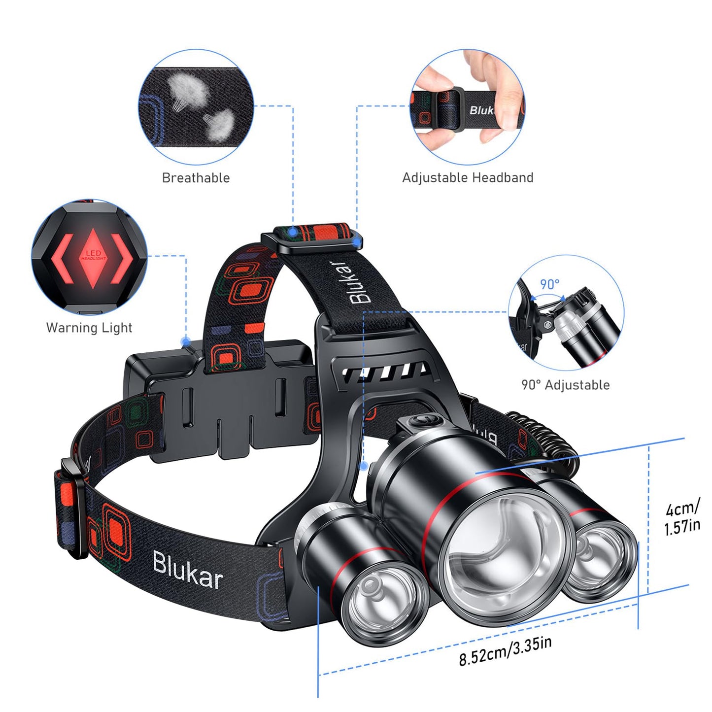 Blukar Rechargeable LED Headlamp, Super Bright 8000 Lumens Zoomable Headlight with 5 Light Modes & Red Light, IPX6 Waterproof, 90° Adjustable Headlamp for Camping, Fishing, Repairs, Emergencies, etc.