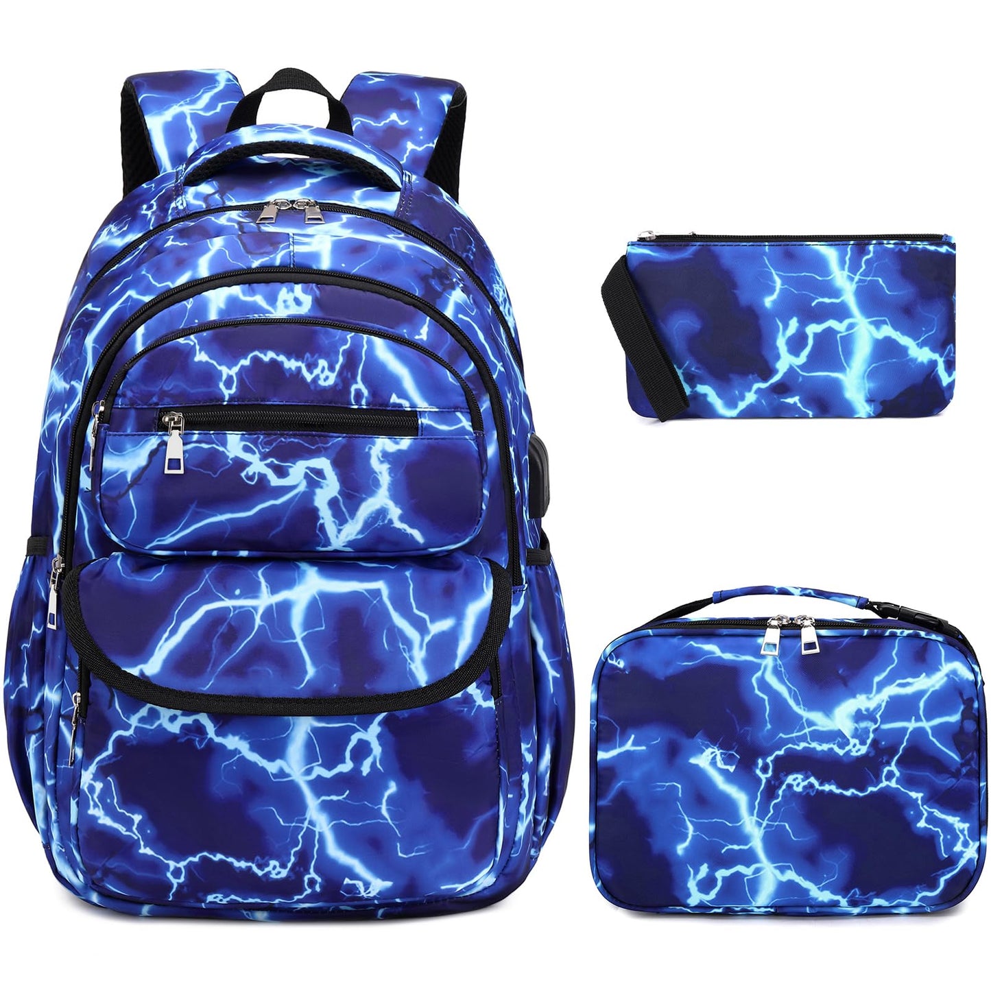 Bevalsa backpack for boys, flash school bag for children with lunch bag and pencil case, book bag for boys girls kids teens for elementary middle school Congratulations (Lightning strike)