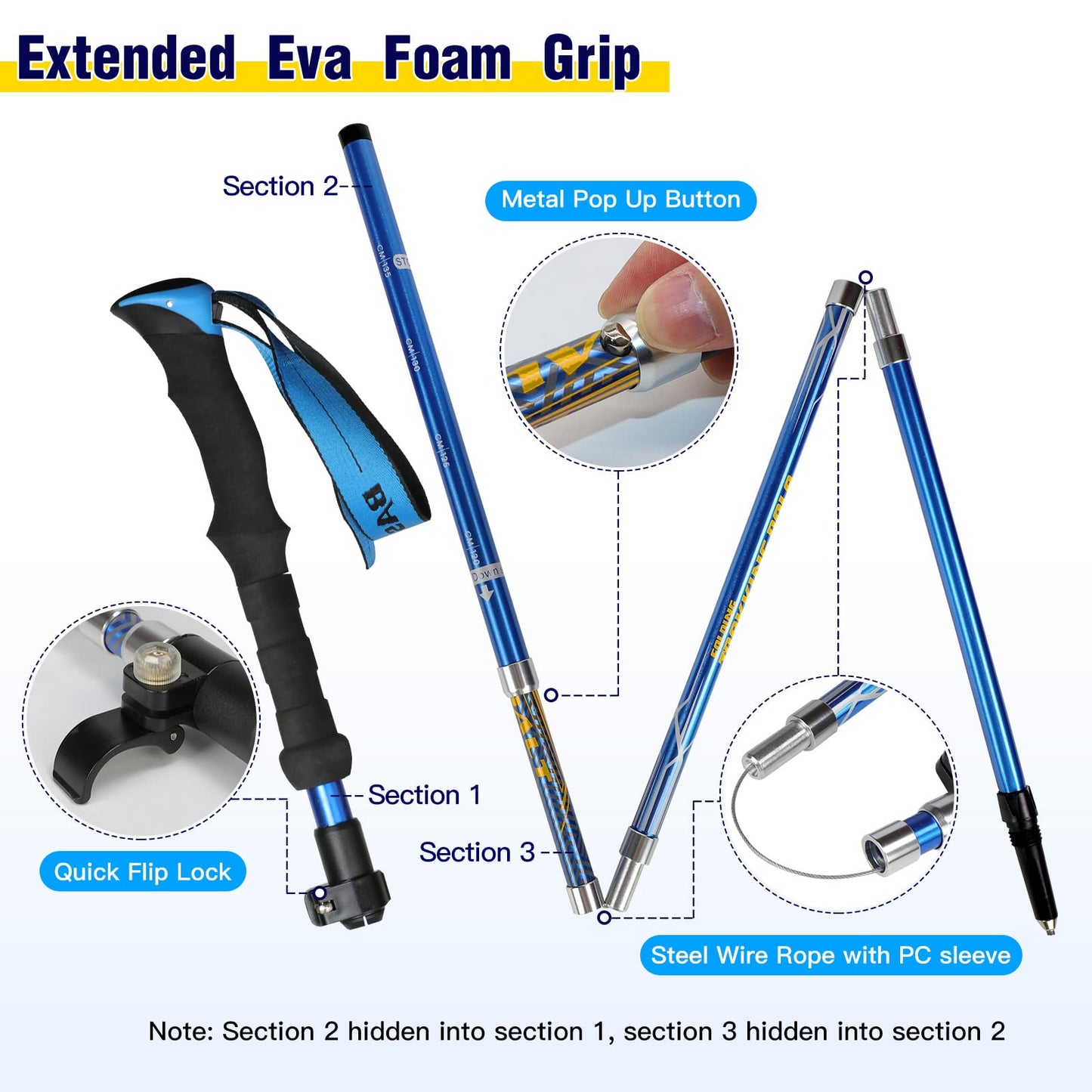 HUGSEE Hiking Poles - Nordic Walking Poles for Women and Men, Foldable Telescopic Hiking Poles 110-135cm, Lightweight Aluminum Trekking Poles, Clamp Closure with 4 Pairs of Rubber Tips 2 Pack (Blue)