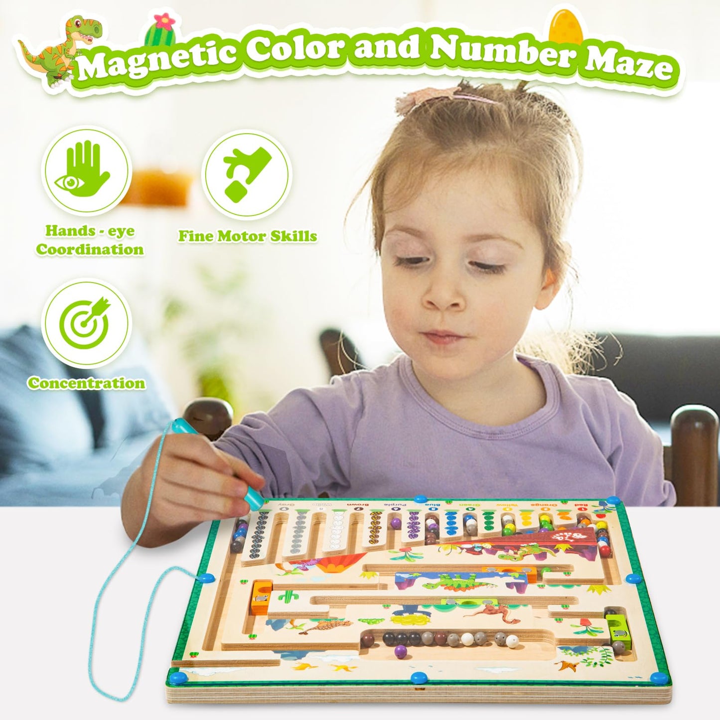 Smartwo Montessori toy Magnetic Labyrinth game for 3, 4, 5 year olds. Magnetic children's toy for 3 year old boys. Colors & numbers learning toy, wooden toy with dinosaur theme. Birthday gift.