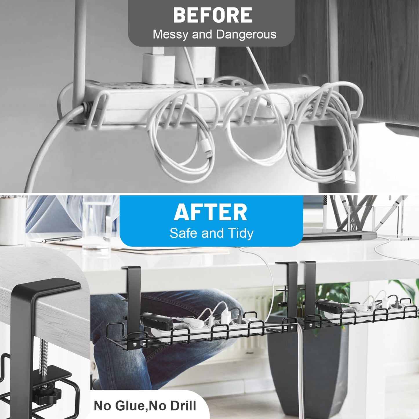 Lannvan Cable Management Desk without Drilling - 2 Pack Steel Desk Cable Organizer - Includes Accessories - Clampable Cable Tray Under Desk - Desk Organizer for Office/Home - Black
